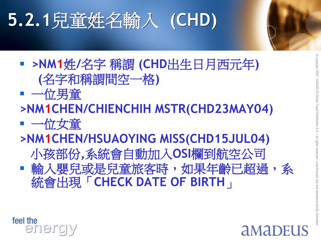5.2.1兒童姓名輸入 (CHD) >NM1姓/名字 稱謂 (CHD出生日月西元年) (名字和稱謂間空一格) 一位男童
