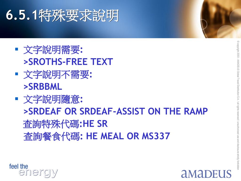 6.5.1特殊要求說明 文字說明需要: >SROTHS-FREE TEXT 文字說明不需要: >SRBBML 文字說明隨意: