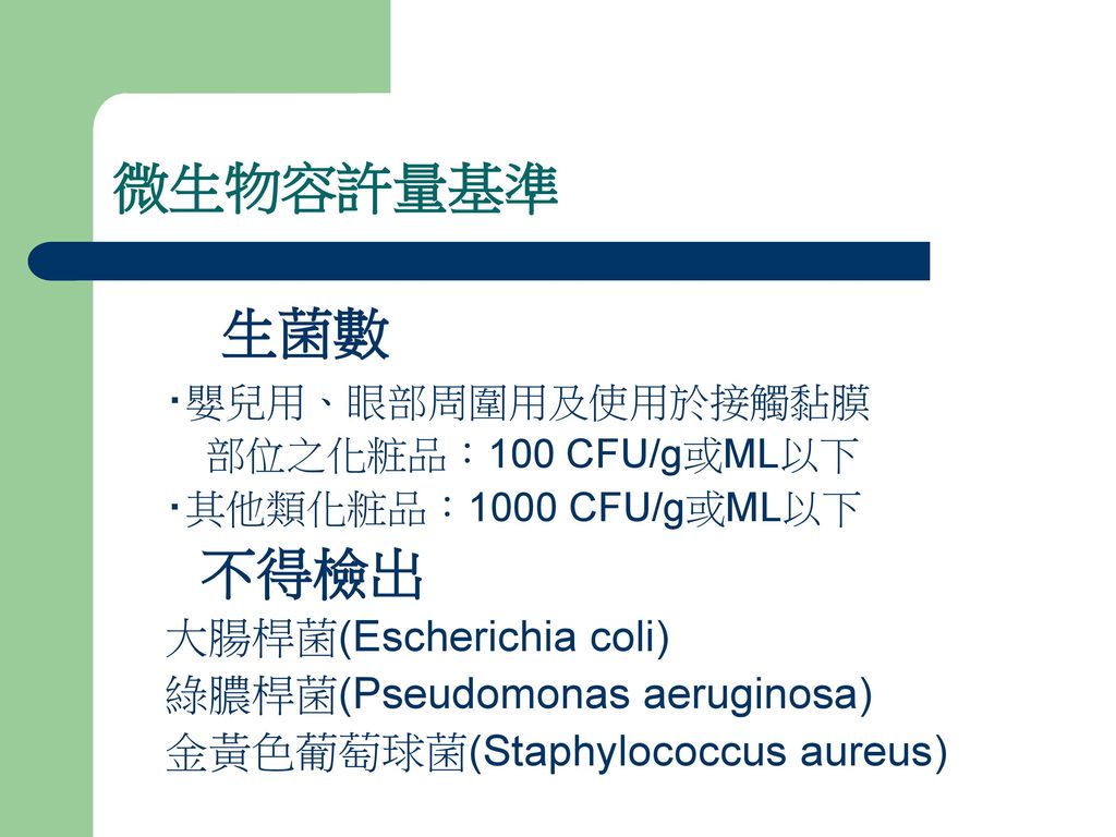 微生物容許量基準 生菌數 不得檢出 大腸桿菌(Escherichia coli) 綠膿桿菌(Pseudomonas aeruginosa)