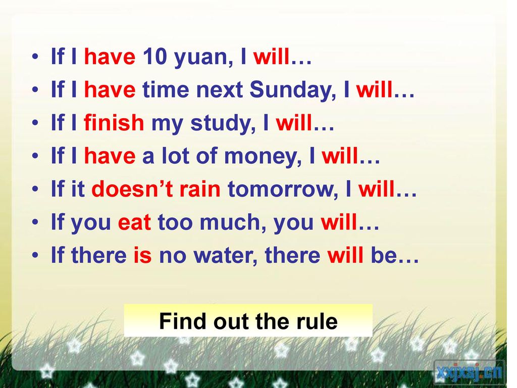 If I have 10 yuan, I will… If I have time next Sunday, I will… If I finish my study, I will… If I have a lot of money, I will…