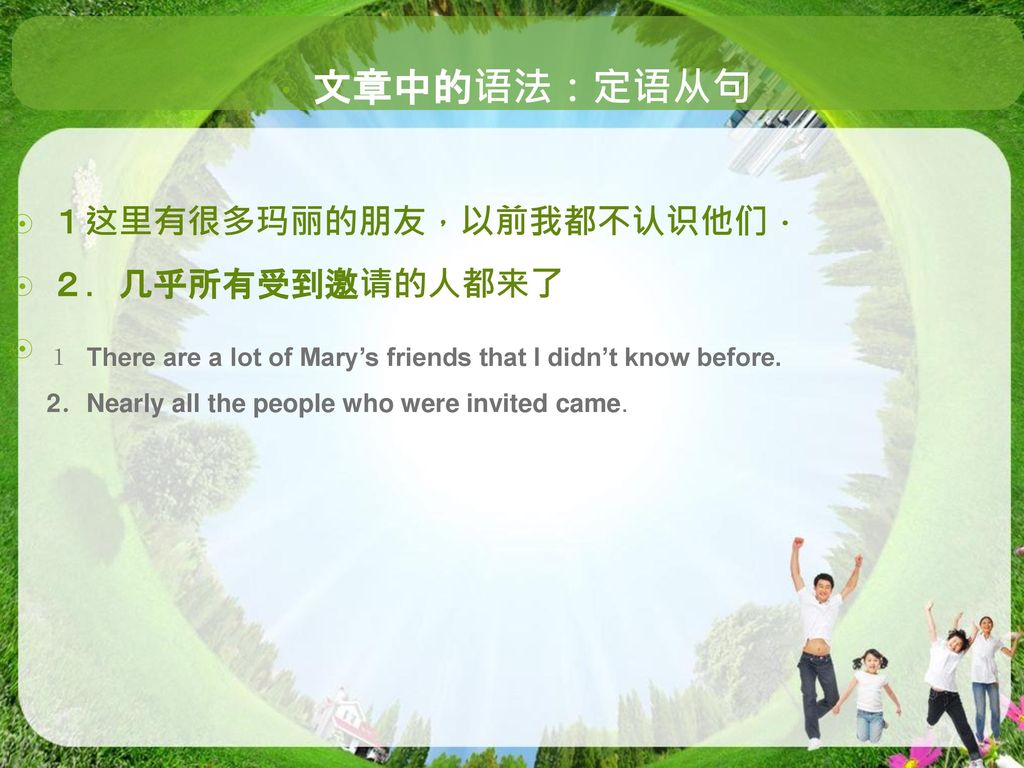 文章中的语法：定语从句 １这里有很多玛丽的朋友，以前我都不认识他们． ２．几乎所有受到邀请的人都来了
