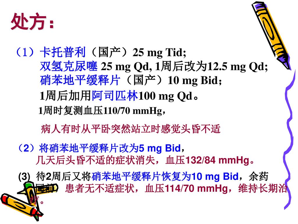 处方： （1）卡托普利（国产）25 mg Tid; 双氢克尿噻 25 mg Qd, 1周后改为12.5 mg Qd;