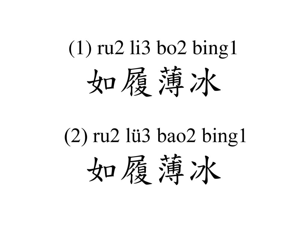 (1) ru2 li3 bo2 bing1 如履薄冰 (2) ru2 lü3 bao2 bing1