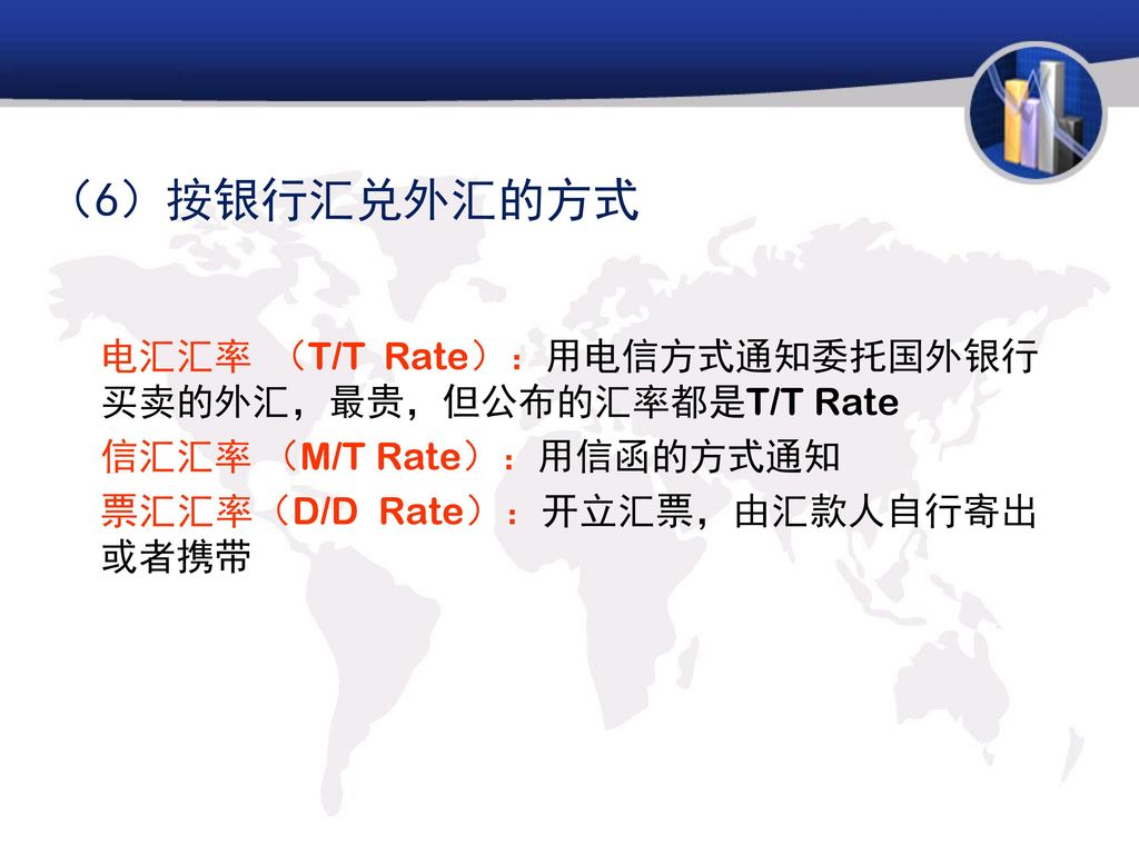 （6）按银行汇兑外汇的方式 电汇汇率 （T/T Rate）：用电信方式通知委托国外银行买卖的外汇，最贵，但公布的汇率都是T/T Rate