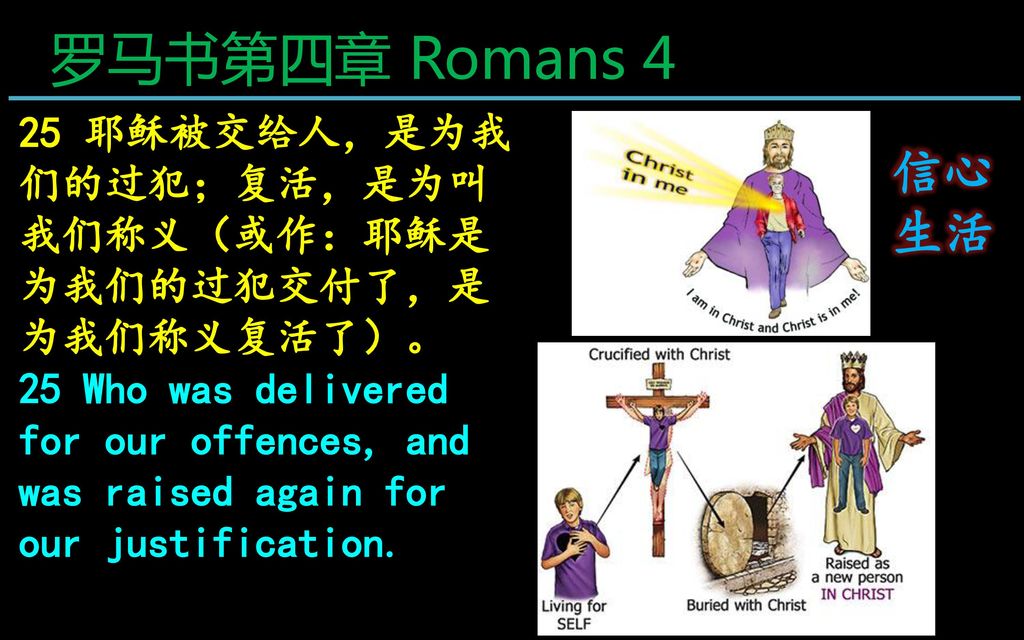 罗马书第四章 Romans 4 25 耶稣被交给人，是为我们的过犯；复活，是为叫我们称义（或作：耶稣是为我们的过犯交付了，是为我们称义复活了）。