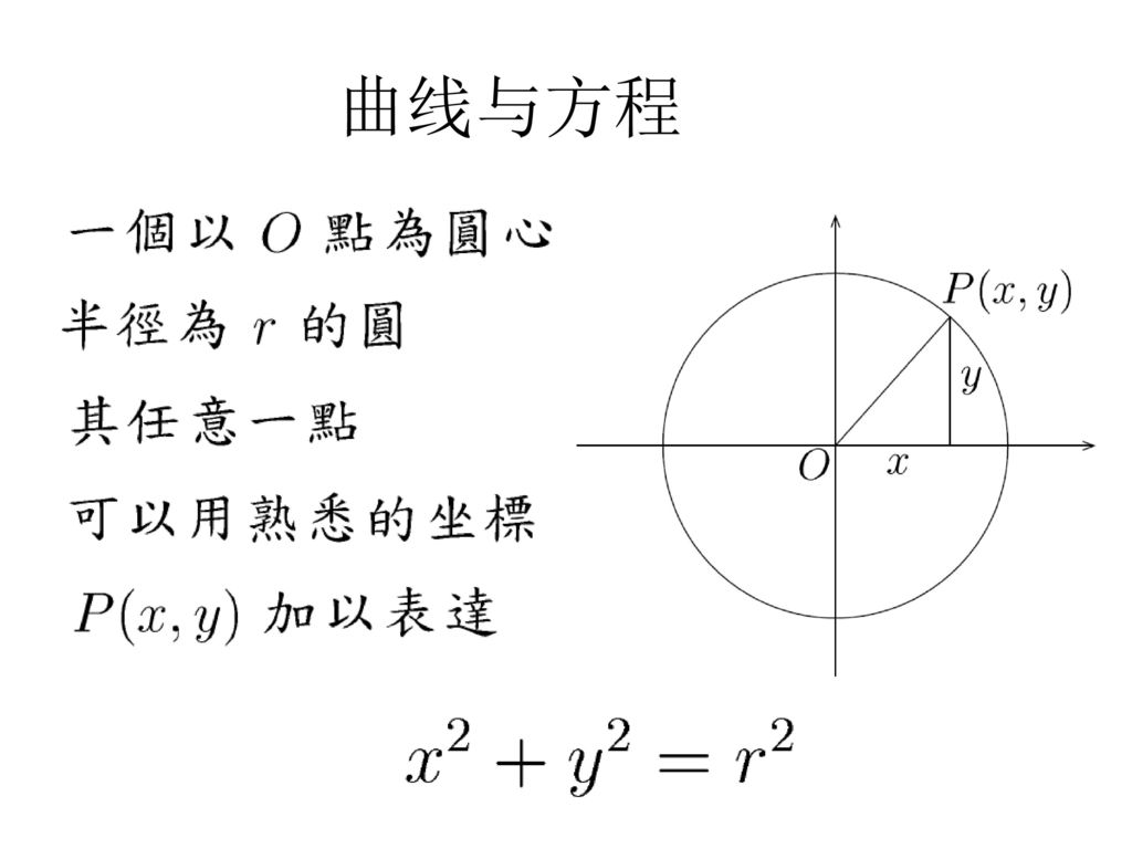 解析几何第二基本观念 建立坐标系 数对↔平面上的点 曲线由许多点组成, 也就是由许多数对组成， 数对  二元方程 F(x,y)=0 的解