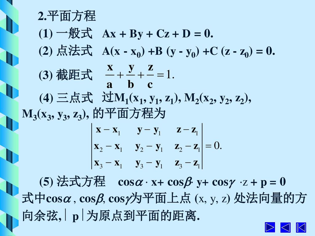 2.平面方程 (1) 一般式 Ax + By + Cz + D = 0. (2) 点法式 A(x - x0) +B (y - y0) +C (z - z0) = 0. (3) 截距式. (4) 三点式.