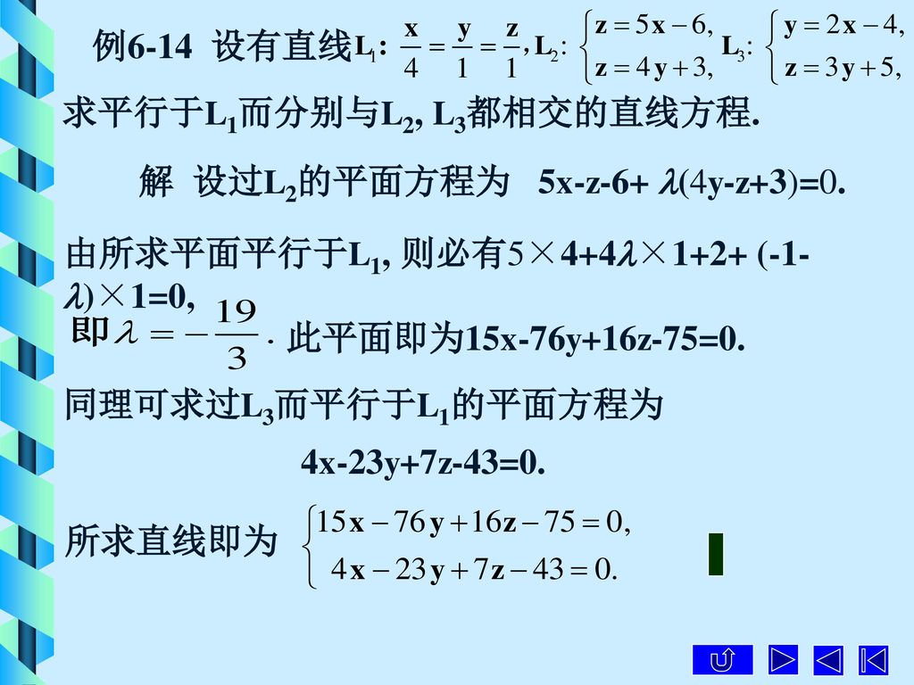 例6-14 设有直线 求平行于L1而分别与L2, L3都相交的直线方程. 解 设过L2的平面方程为 5x-z-6+ (4y-z+3)=0. 由所求平面平行于L1, 则必有5×4+4×1+2+ (-1-)×1=0,