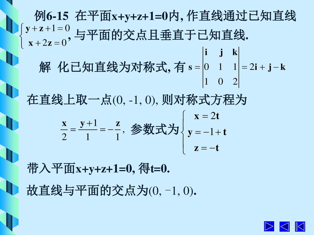 例6-15 在平面x+y+z+1=0内, 作直线通过已知直线