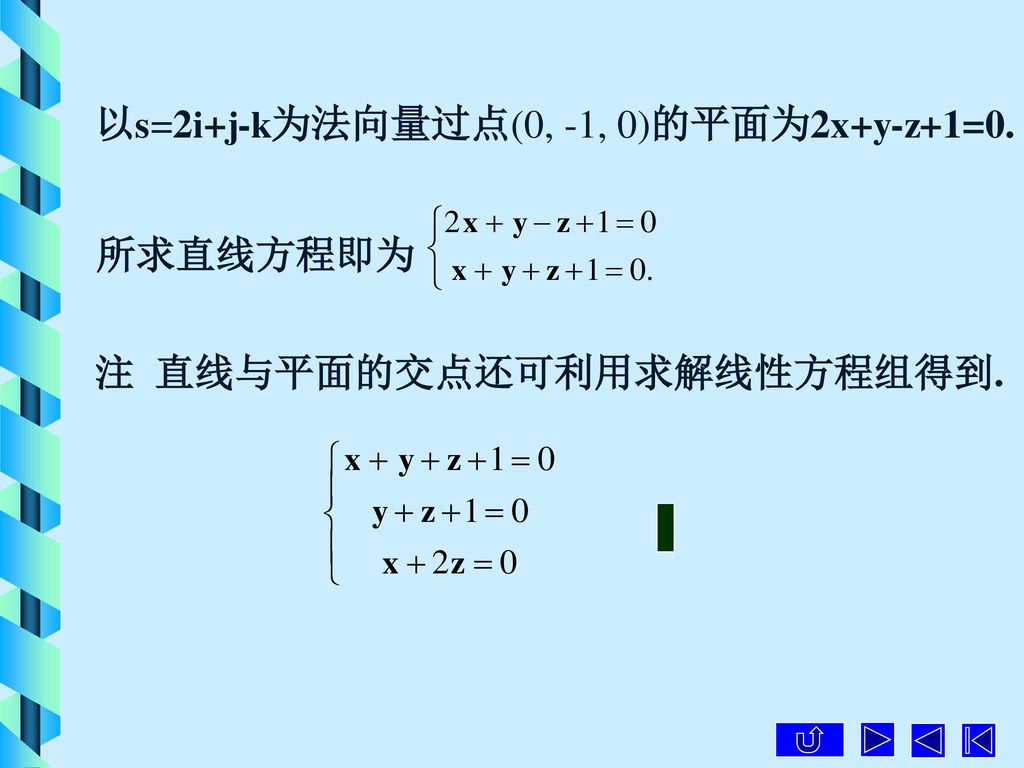 以s=2i+j-k为法向量过点(0, -1, 0)的平面为2x+y-z+1=0.