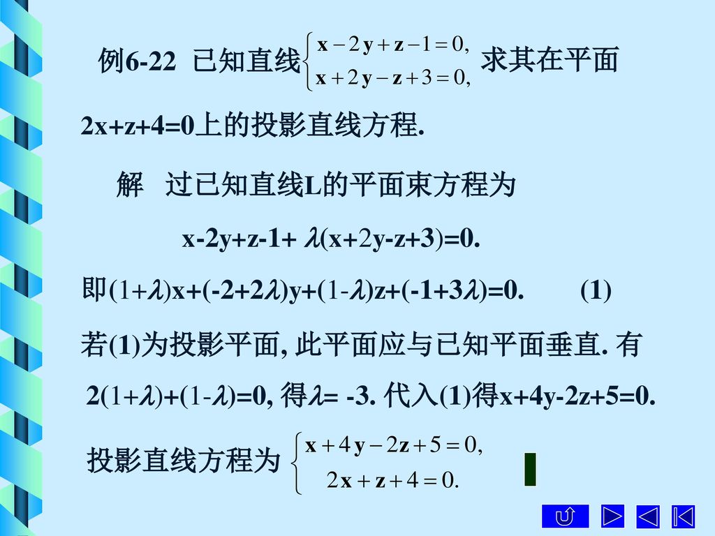 例6-22 已知直线 求其在平面. 2x+z+4=0上的投影直线方程. 解 过已知直线L的平面束方程为. x-2y+z-1+ (x+2y-z+3)=0. 即(1+)x+(-2+2)y+(1-)z+(-1+3)=0. (1)