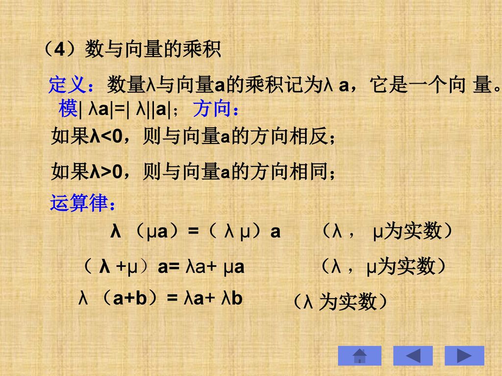 （4）数与向量的乘积 数量λ与向量a的乘积记为λ a，它是一个向 量。 定义： 模| λa|=| λ||a|； 方向： 如果λ<0，则与向量a的方向相反； 如果λ>0，则与向量a的方向相同；