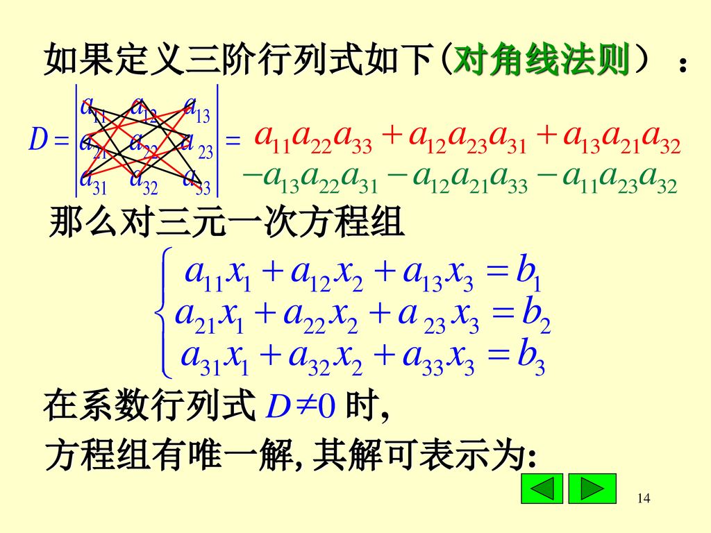 如果定义三阶行列式如下(对角线法则） ： 那么对三元一次方程组 在系数行列式 D 0 时, 方程组有唯一解,其解可表示为: