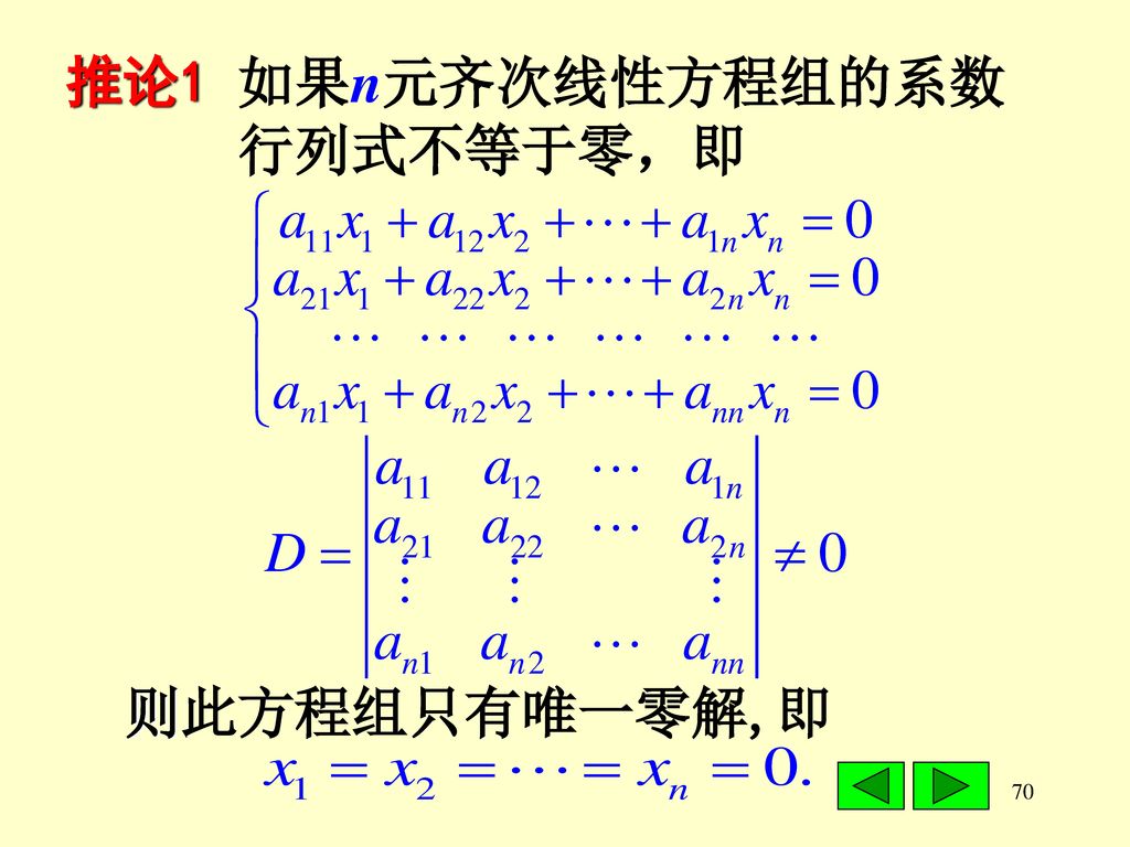 推论1 如果n元齐次线性方程组的系数行列式不等于零，即 则此方程组只有唯一零解,即