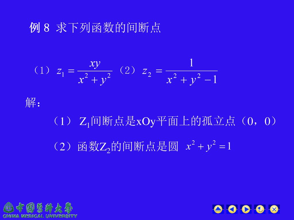 解： （1） Z1间断点是xOy平面上的孤立点（0，0） （2）函数Z2的间断点是圆