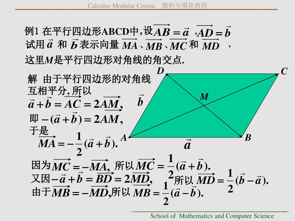 例1 在平行四边形ABCD中， 设 . 试用 和 表示向量 、 、 和 这里M是平行四边形对角线的角交点. D C