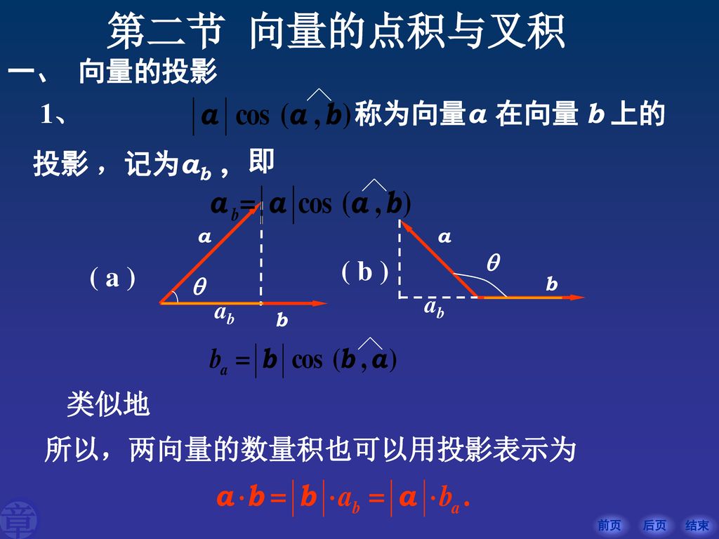 第二节 向量的点积与叉积 一、 向量的投影 1、 称为向量a 在向量 b 上的 投影 ，记为ab , 即 ( b ) ( a ) 类似地