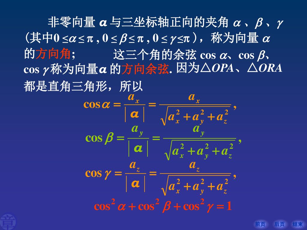 非零向量 a 与三坐标轴正向的夹角  、 、 (其中0 ≤ ≤  , 0 ≤  ≤  , 0 ≤  ≤ )，称为向量  的方向角;