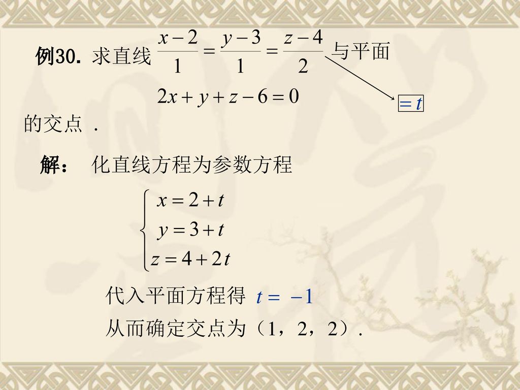 与平面 例30. 求直线 的交点 . 解： 化直线方程为参数方程 代入平面方程得 从而确定交点为（1，2，2）.