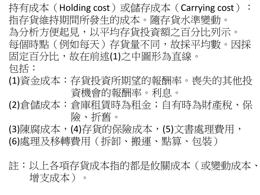 持有成本（Holding cost）或儲存成本（Carrying cost）：