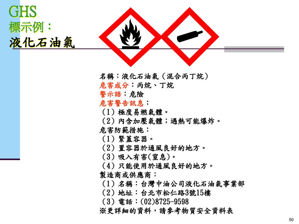 GHS 液化石油氣 標示例： 名稱：液化石油氣（混合丙丁烷） 危害成分：丙烷、丁烷 警示語：危險 危害警告訊息： （1）極度易燃氣體。