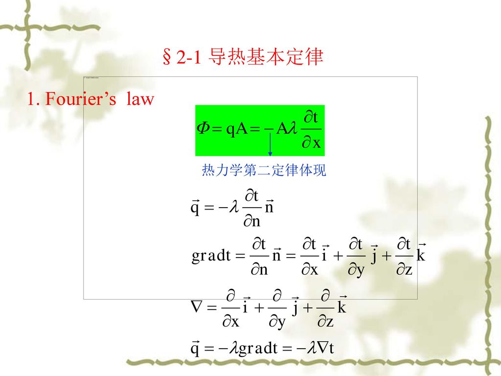 §2-1 导热基本定律 1. Fourier’s law 热力学第二定律体现