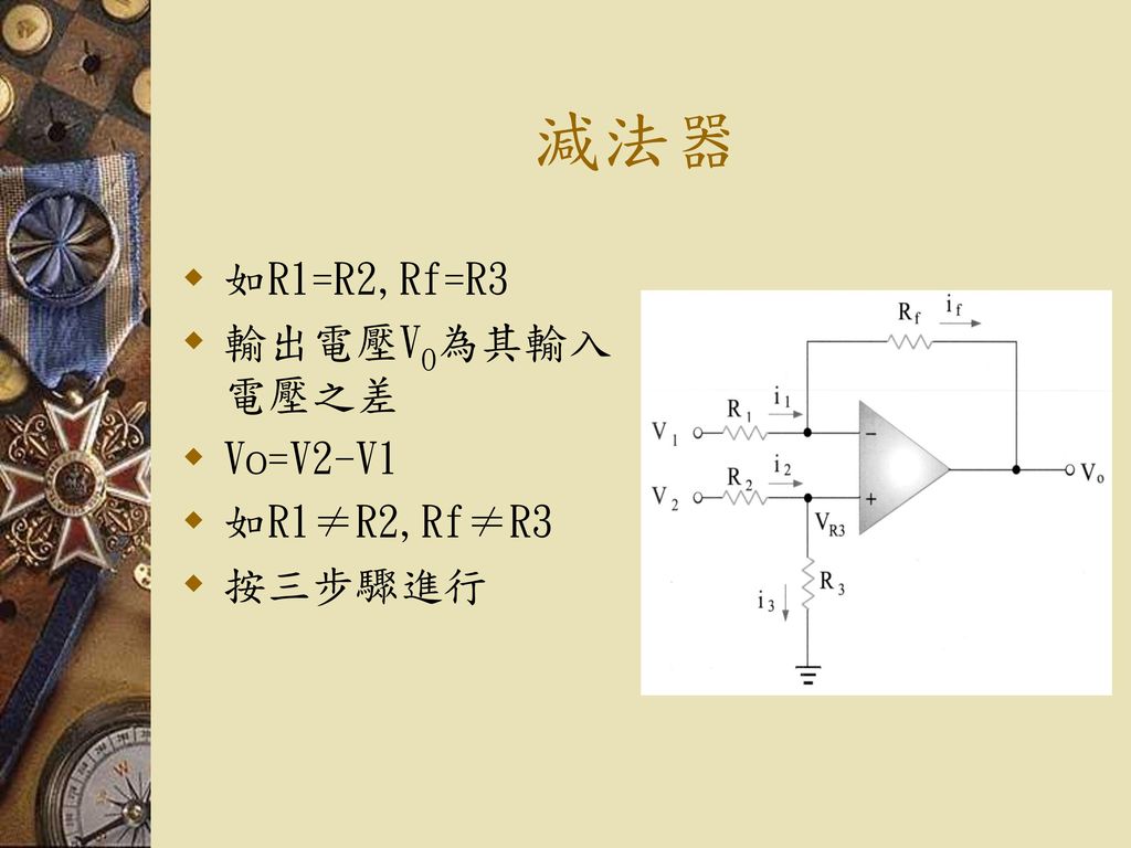 減法器 如R1=R2,Rf=R3 輸出電壓VO為其輸入電壓之差 Vo=V2-V1 如R1≠R2,Rf≠R3 按三步驟進行