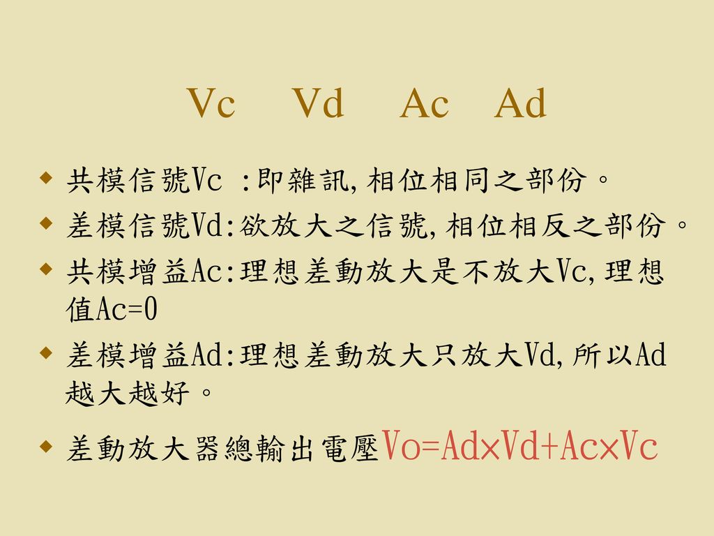 Vc Vd Ac Ad 共模信號Vc :即雜訊,相位相同之部份。 差模信號Vd:欲放大之信號,相位相反之部份。