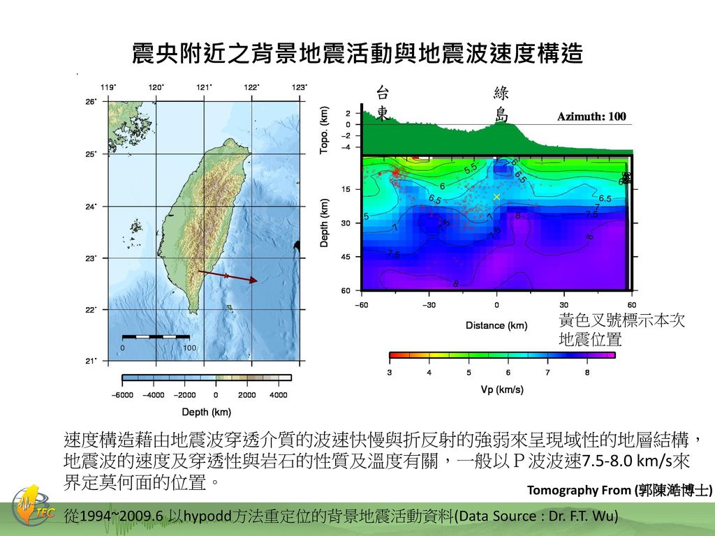 震央附近之背景地震活動與地震波速度構造 台東 綠島