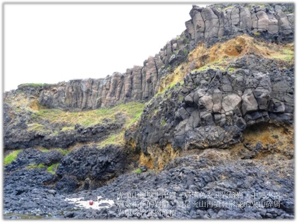 虎頭山崖壁上出露三層黑色玄武岩熔岩，中間夾兩層黃褐色的岩層，這是火山再噴發形成的火山碎屑岩與熔岩互層堆積。
