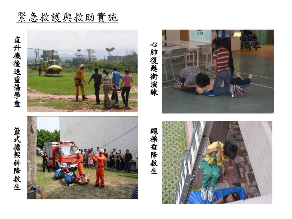 緊急救護與救助實施 直升機後送重傷學童 心肺復甦術演練 籃式擔架斜降救生 繩梯垂降救生