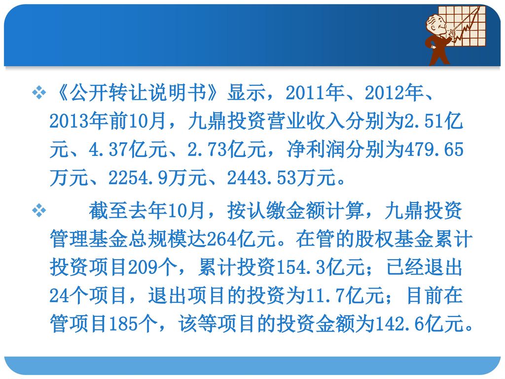 《公开转让说明书》显示，2011年、2012年、2013年前10月，九鼎投资营业收入分别为2. 51亿元、4. 37亿元、2