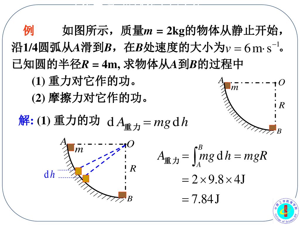 3 – 6 功能原理 机械能守恒定律 例 如图所示，质量m = 2kg的物体从静止开始，沿1/4圆弧从A滑到B，在B处速度的大小为 。已知圆的半径R = 4m, 求物体从A到B的过程中.