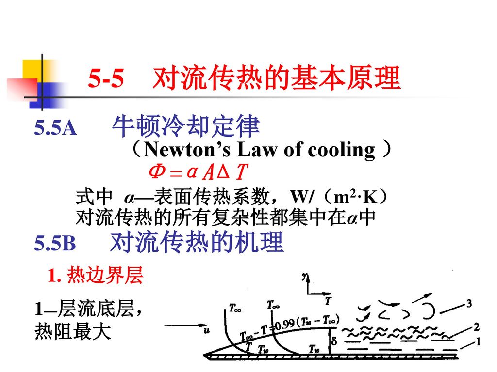 5-5 对流传热的基本原理 5.5A 牛顿冷却定律 （Newton’s Law of cooling ） 5.5B 对流传热的机理