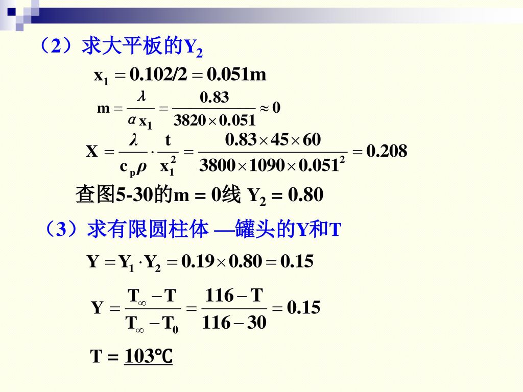 （2）求大平板的Y2 查图5-30的m = 0线 Y2 = 0.80 （3）求有限圆柱体 —罐头的Y和T T = 103℃