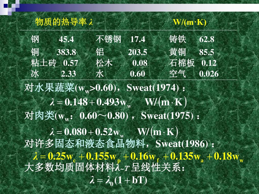 对水果蔬菜(ww>0.60)，Sweat(1974) ：