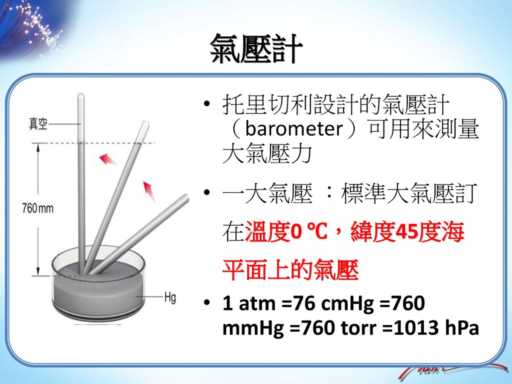 氣壓計 托里切利設計的氣壓計（barometer）可用來測量大氣壓力 一大氣壓 ：標準大氣壓訂在溫度0 ℃，緯度45度海平面上的氣壓