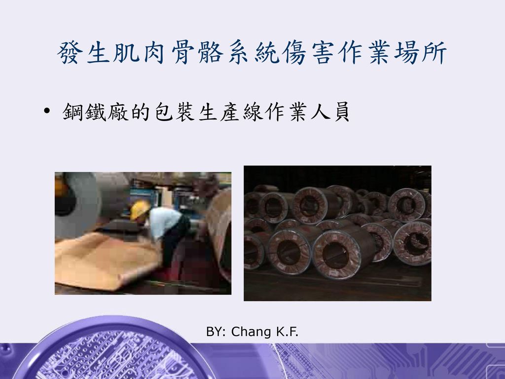 發生肌肉骨骼系統傷害作業場所 鋼鐵廠的包裝生產線作業人員 BY: Chang K.F.