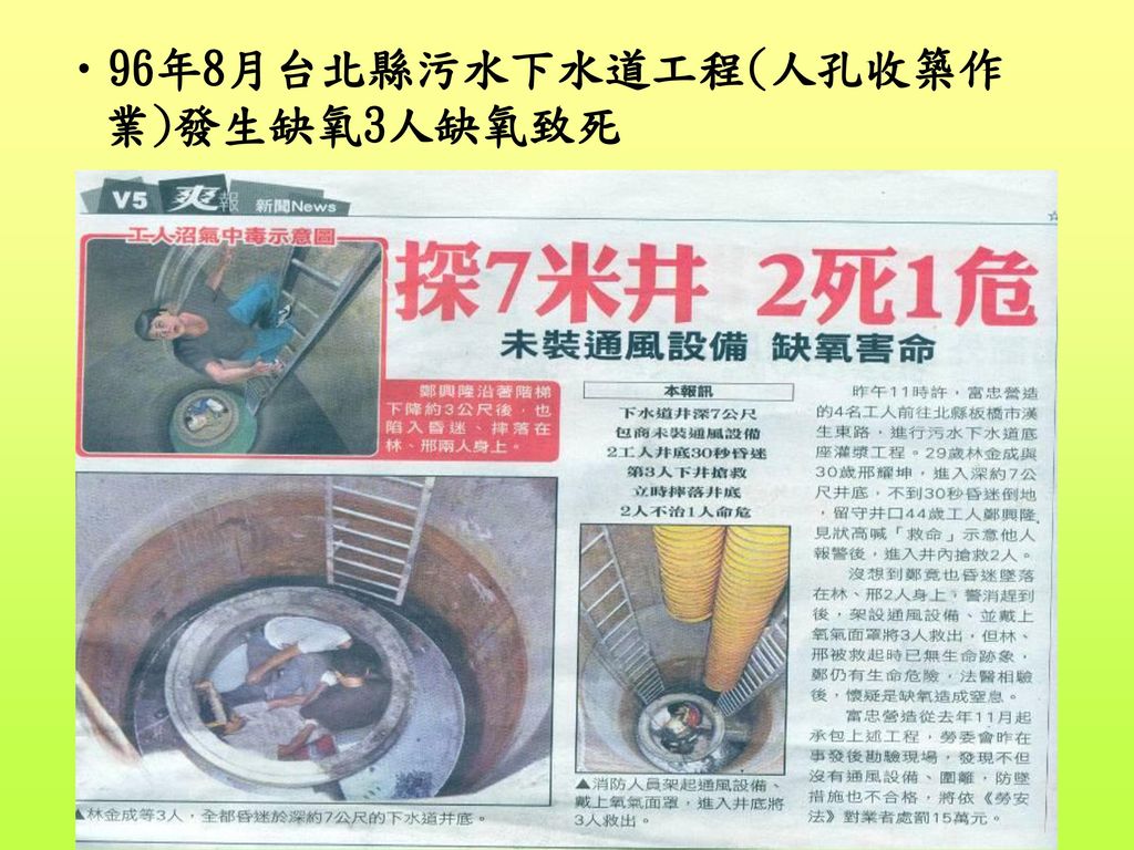 96年8月台北縣污水下水道工程(人孔收築作業)發生缺氧3人缺氧致死