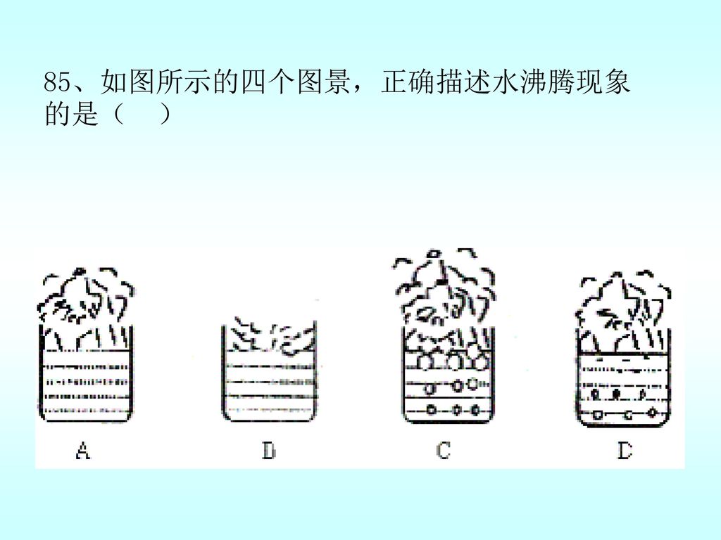 85、如图所示的四个图景，正确描述水沸腾现象的是（ ）