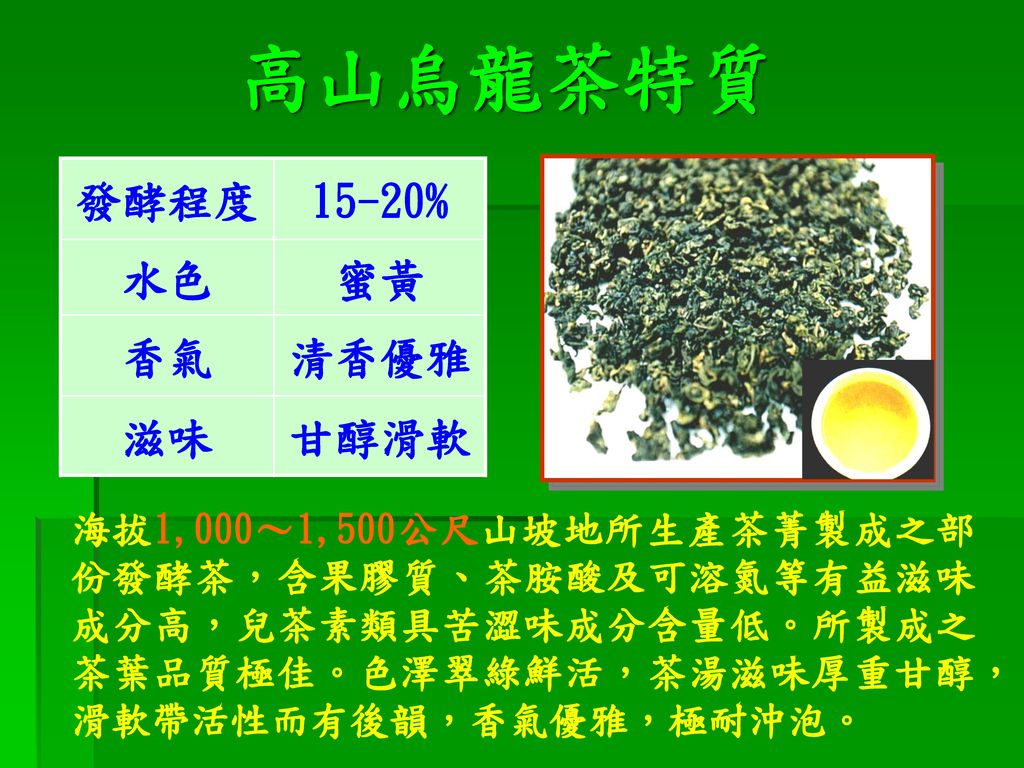 高山烏龍茶特質 發酵程度 15-20% 水色 蜜黃 香氣 清香優雅 滋味 甘醇滑軟