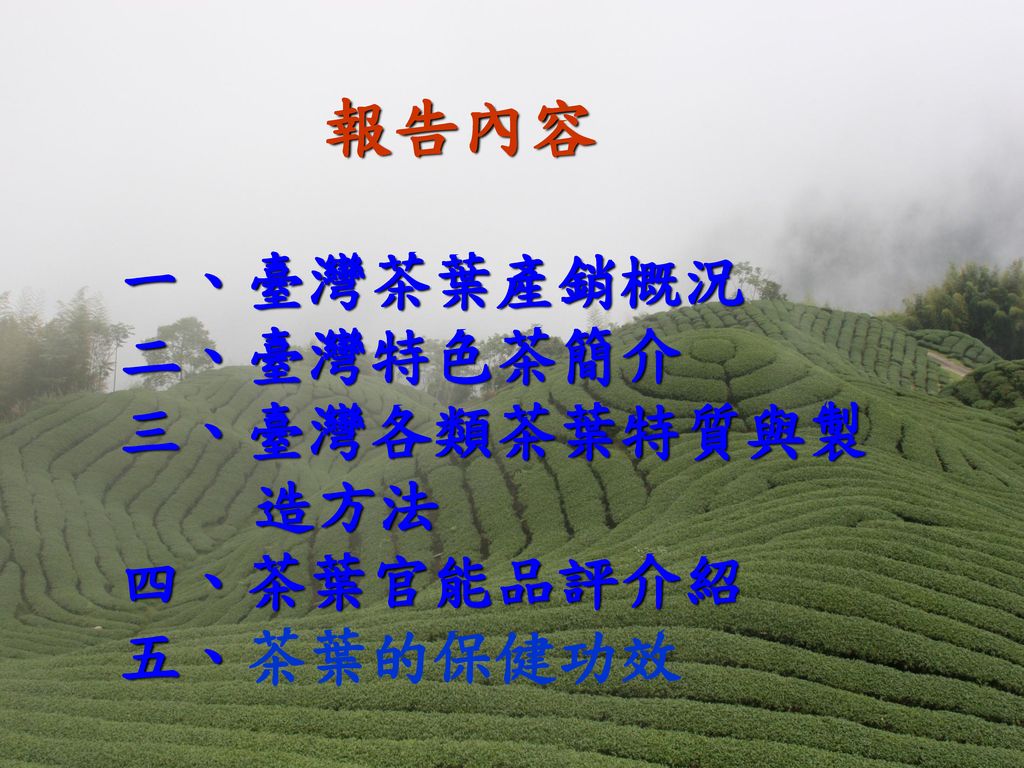 報告內容 一、臺灣茶葉產銷概況 二、臺灣特色茶簡介 三、臺灣各類茶葉特質與製 造方法 四、茶葉官能品評介紹 五、茶葉的保健功效