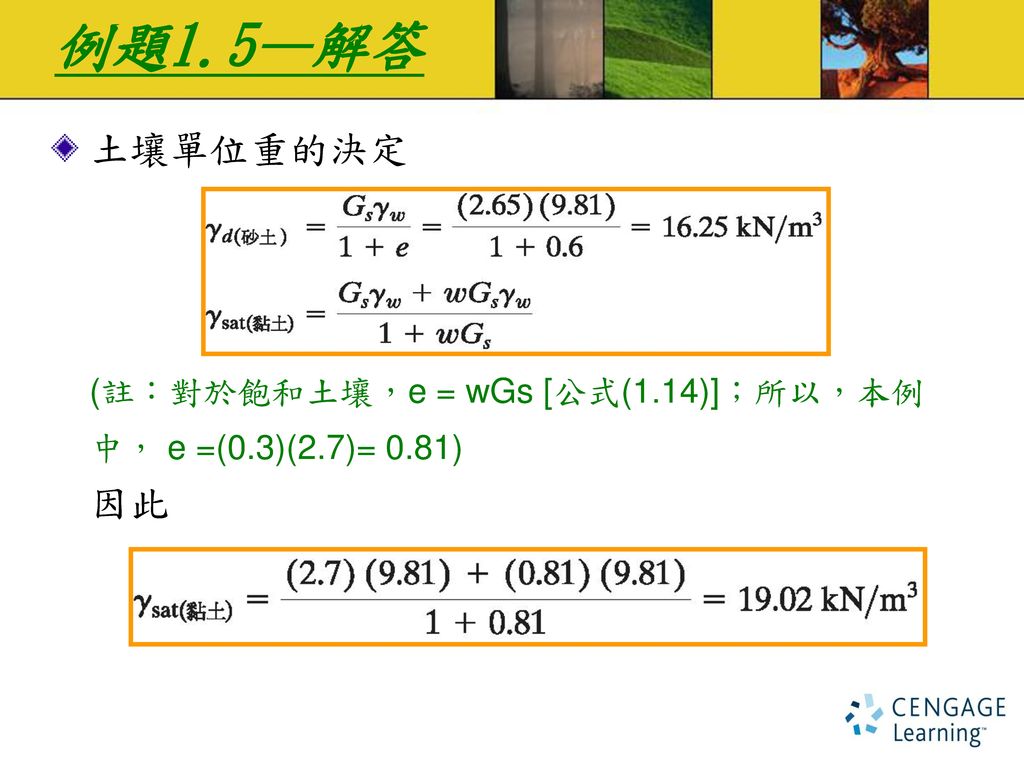 例題1.5—解答 土壤單位重的決定 因此 (註：對於飽和土壤，e = wGs [公式(1.14)]；所以，本例