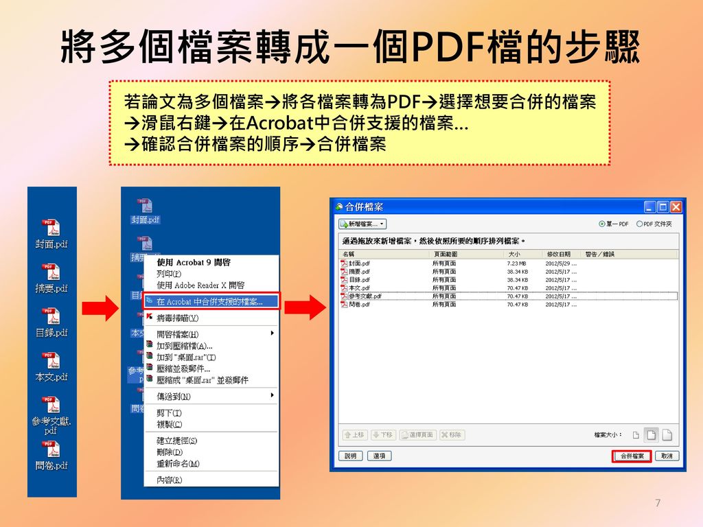將多個檔案轉成一個PDF檔的步驟 若論文為多個檔案將各檔案轉為PDF選擇想要合併的檔案滑鼠右鍵在Acrobat中合併支援的檔案… 確認合併檔案的順序合併檔案