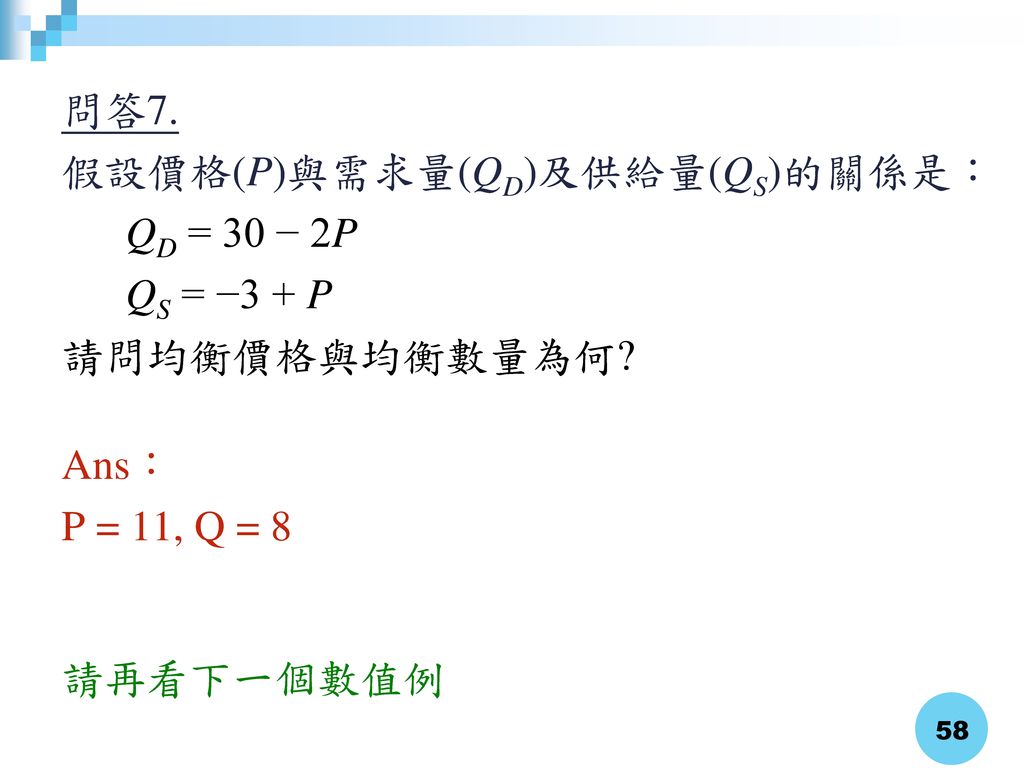 問答7. 假設價格(P)與需求量(QD)及供給量(QS)的關係是： QD = 30 − 2P QS = −3 + P 請問均衡價格與均衡數量為何.