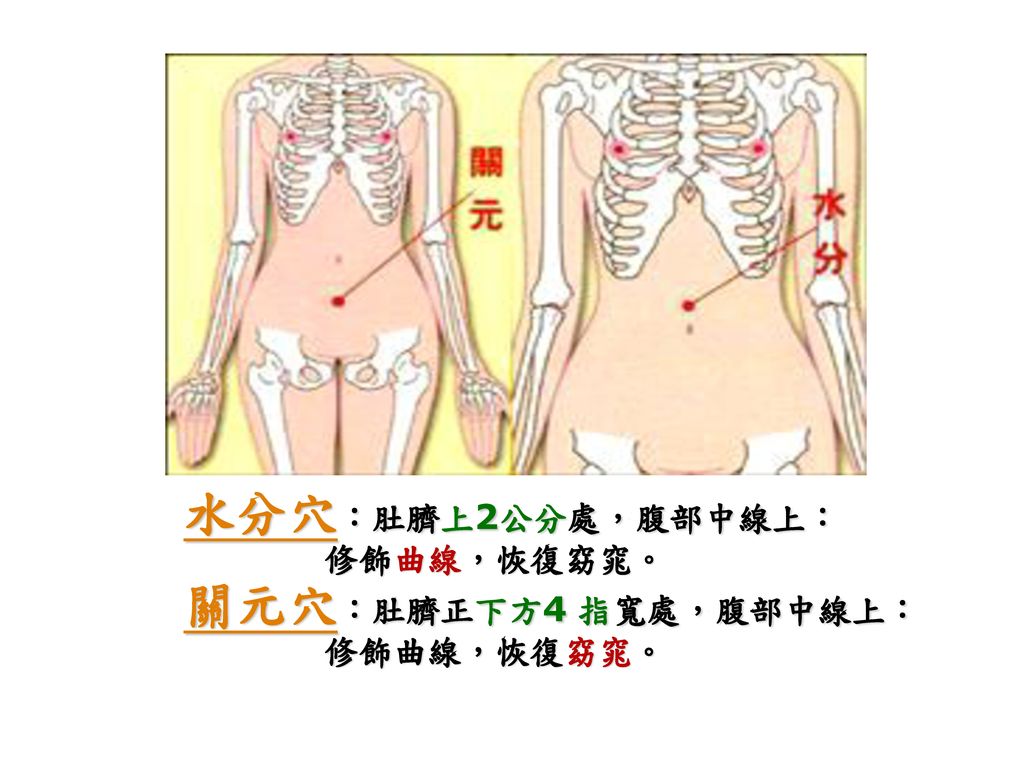 水分穴：肚臍上2公分處，腹部中線上： 修飾曲線，恢復窈窕。 關元穴：肚臍正下方4 指寬處，腹部中線上：