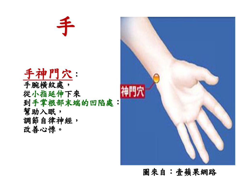 手 手神門穴： 手腕橫紋處， 從小指延伸下來 到手掌根部末端的凹陷處： 幫助入眠， 調節自律神經， 改善心悸。 圖來自：壹蘋果網路
