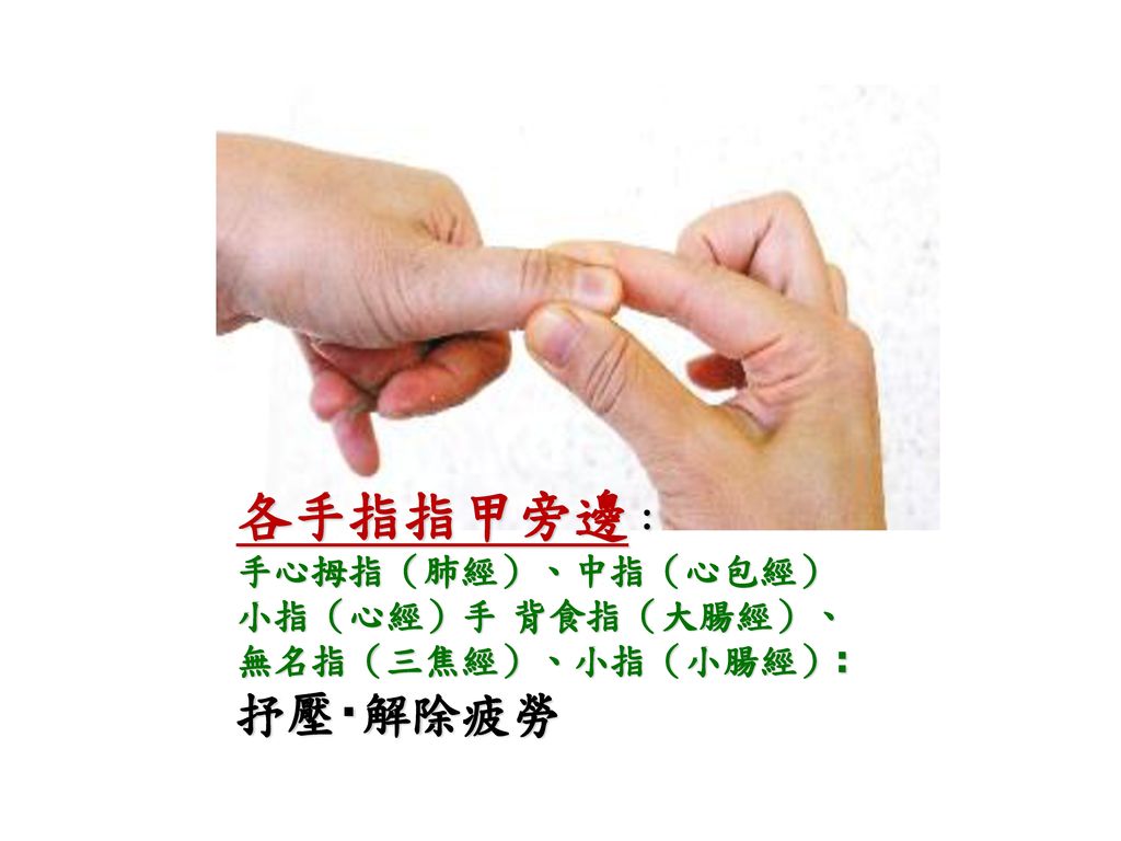各手指指甲旁邊： 手心拇指（肺經）、中指（心包經） 小指（心經）手 背食指（大腸經）、 無名指（三焦經）、小指（小腸經）: 抒壓‧解除疲勞