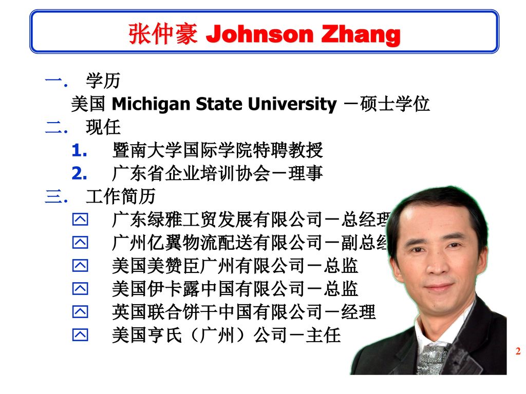 张仲豪 Johnson Zhang 学历 美国 Michigan State University －硕士学位 现任