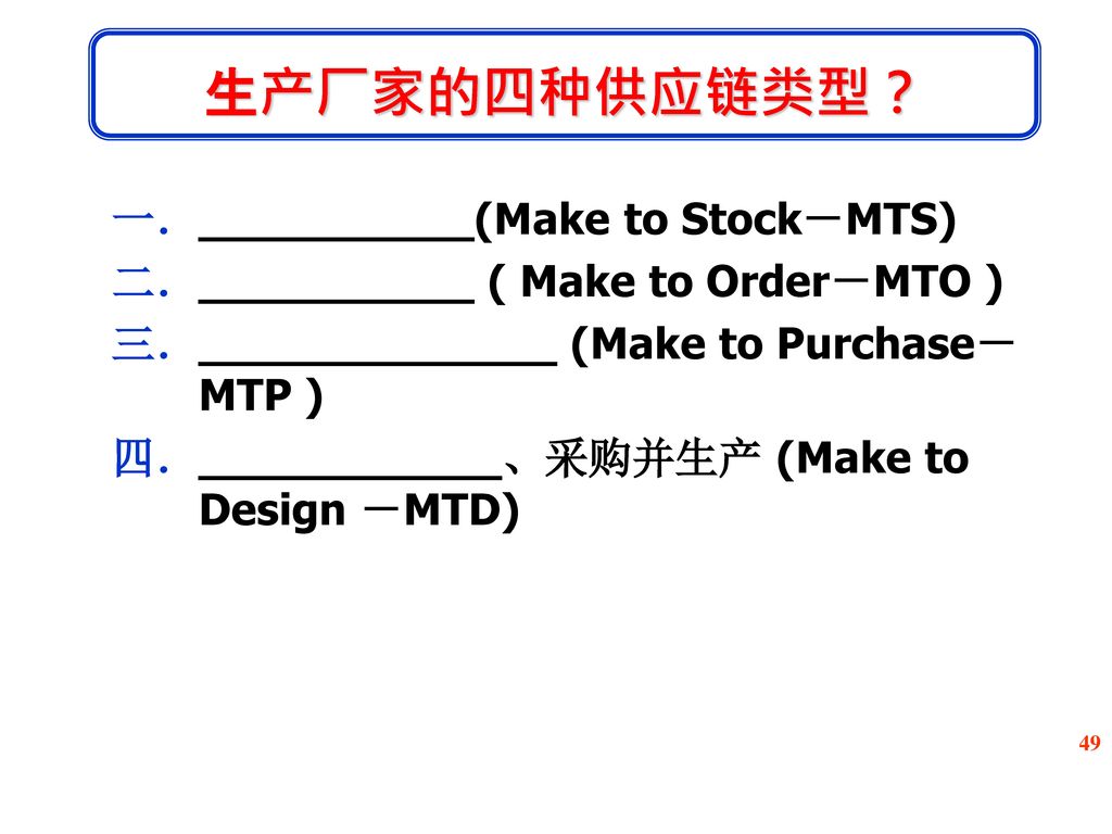 生产厂家的四种供应链类型？ __________(Make to Stock－MTS)